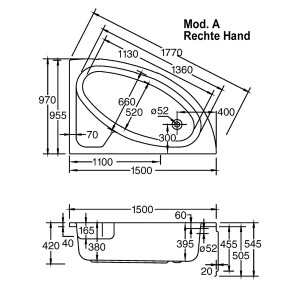 Technische Zeichnung der Ottofond Salinas A Eckbadewanne, 150 cm, mit Maßen.