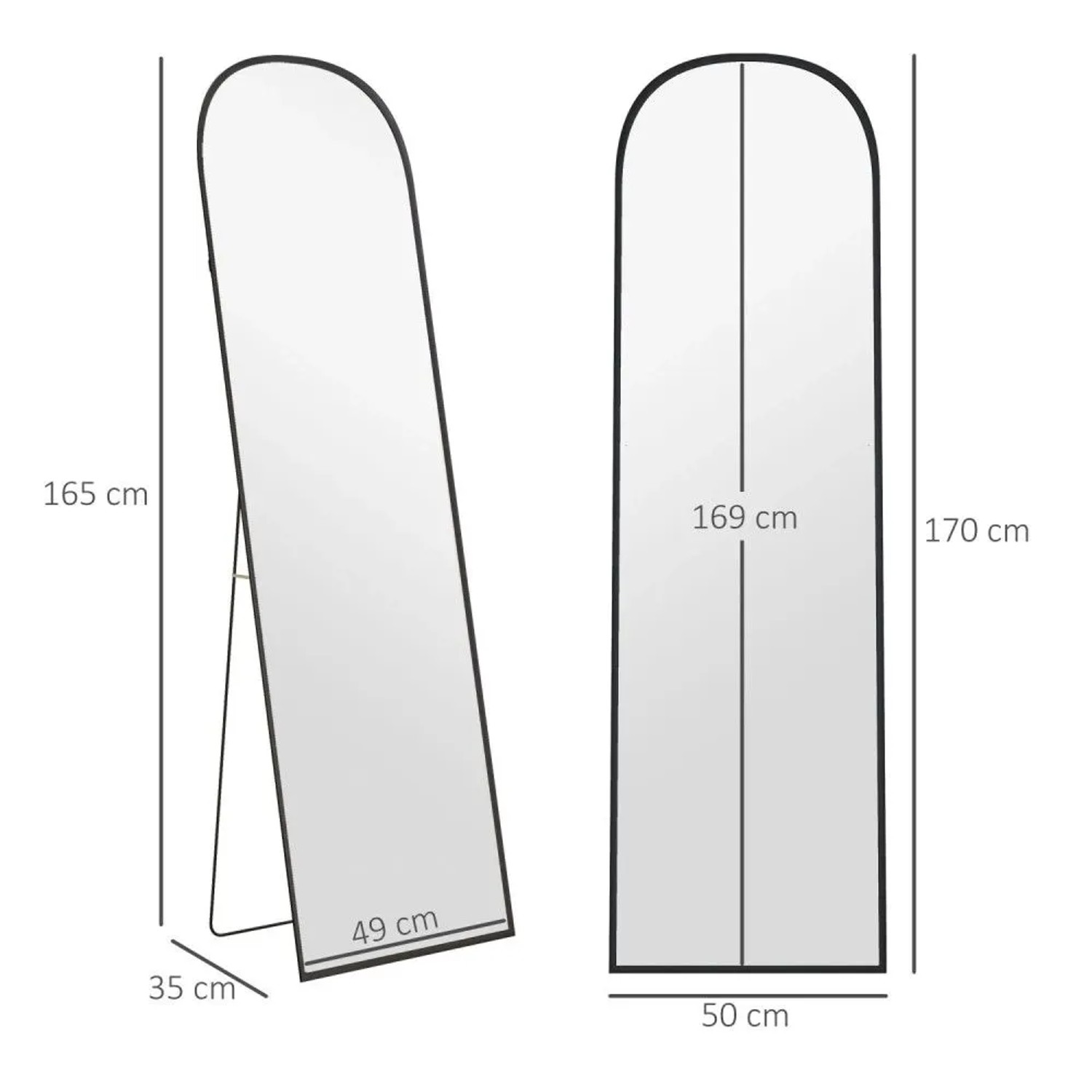 HOMCOM Ganzkörperspiegel, schwarz, mit Aluminiumrahmen und Bogenform. Maße 50x170 cm, als Steh- oder Wandspiegel nutzbar.