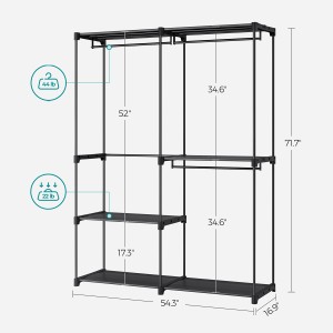 Schwarzer Songmics Kleiderschrank (138x43x182cm) mit 3 Hänge- und 3 Ablagefächern.
