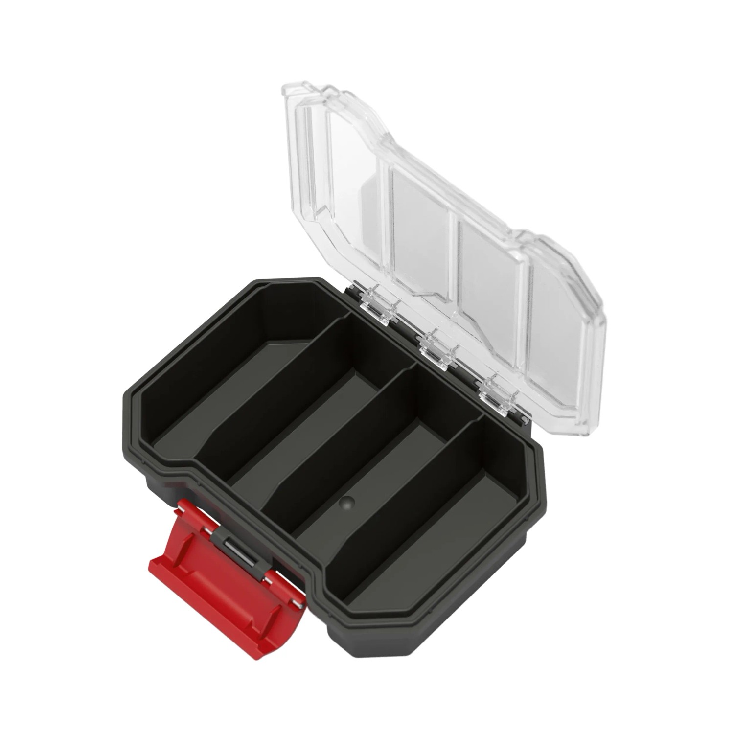 Offener, schwarzer Qbrick Regular Compact Organizer Set 1 mit transparentem Deckel und roten Verschlüssen.