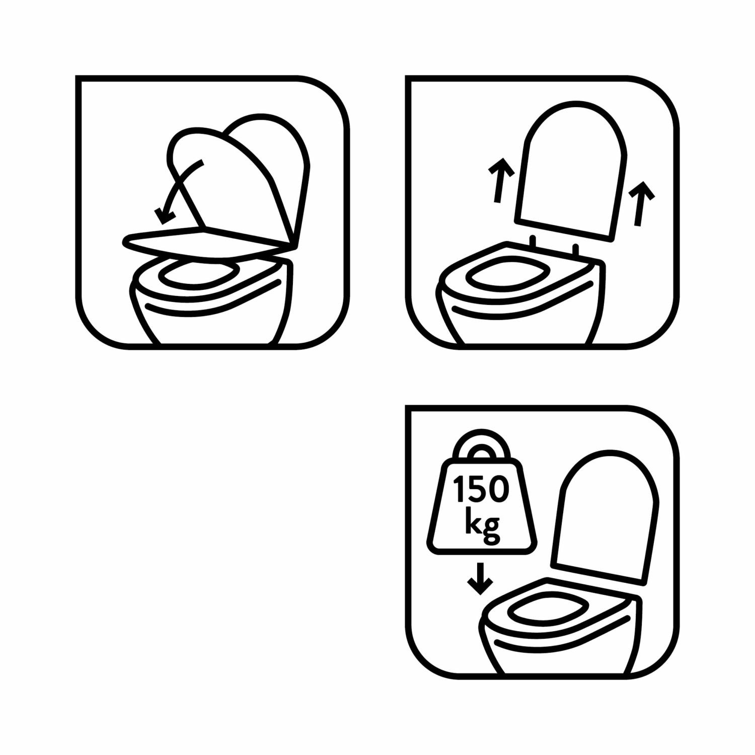 Icons zum baliv WC-Sitz Dulce: Absenkautomatik, Take-Off Funktion und Belastbarkeit bis 150 kg.