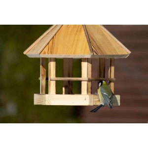 Geflammtes Kiefer Vogelhaus Caliente mit Meise, zum Aufhängen. Rustikaler Vogelfutterspender.