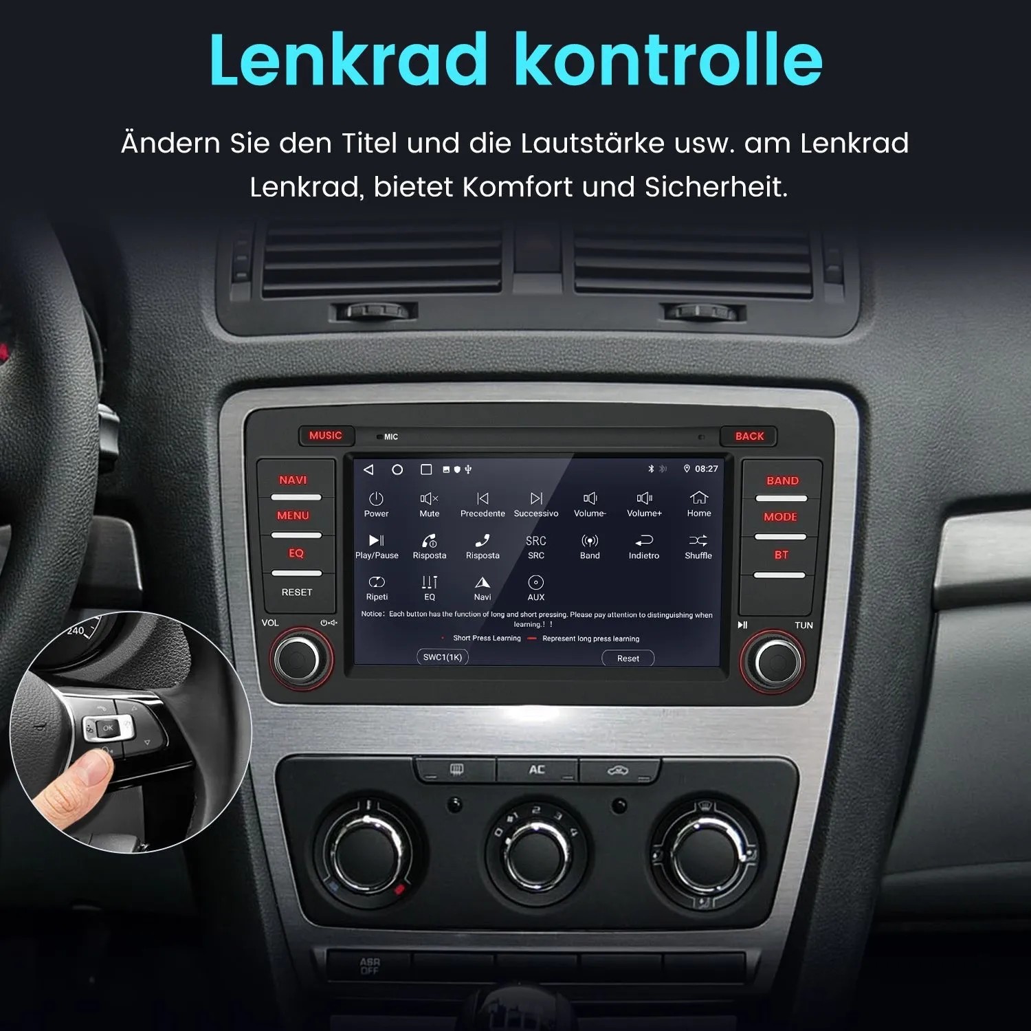 Junsun Autoradio mit Touchscreen im Skoda Octavia Armaturenbrett. Hand bedient Lenkradsteuerung für Musik und Lautstärke.