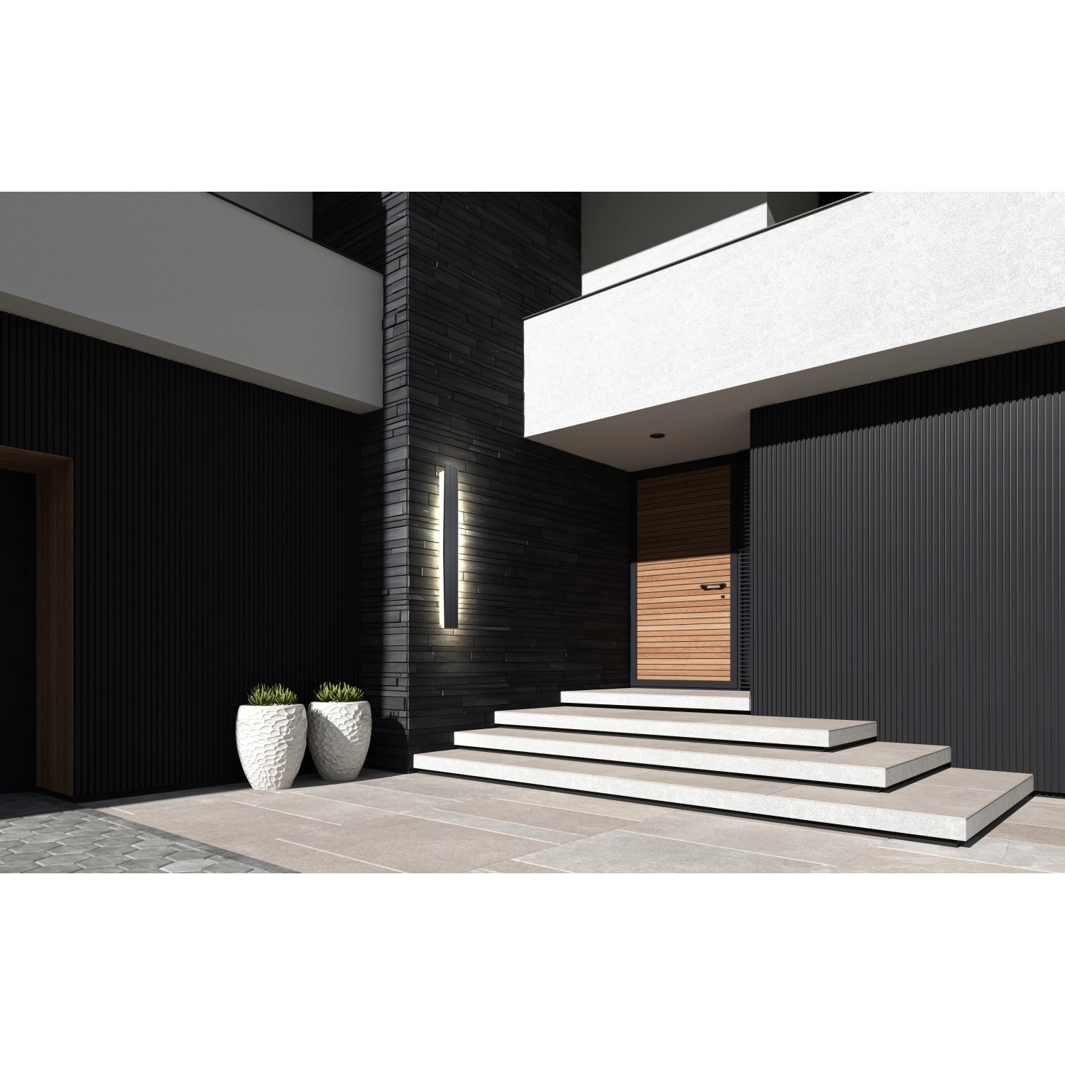 Moderne anthrazitfarbene E2 Elektro LED-Wandleuchte RIGEL 20W am Hauseingang.