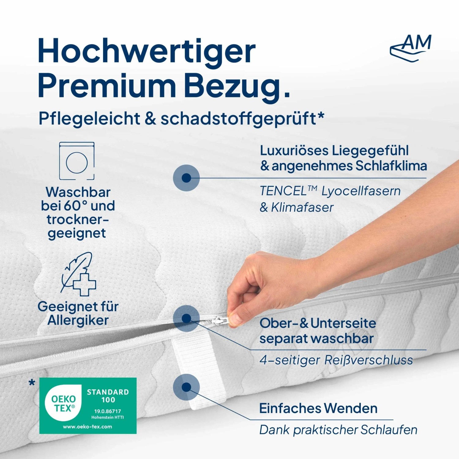 Detailaufnahme: Premium Kaltschaummatratze 160x200 mit abnehmbarem Bezug und Reißverschluss.