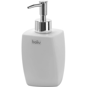 Weißer, asymmetrischer baliv Seifenspender aus Keramik mit silberfarbenem Spenderkopf.