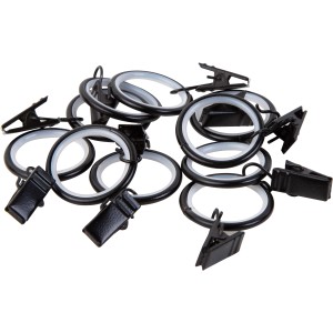 Schwarze Gardinenringe mit Klammern, Ø 19 mm, für die einfache Gardinenaufhängung.