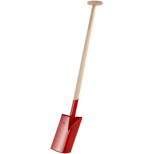 Roter Gärtnerspaten mit Holzstiel, 85 cm lang, für Gartenarbeit.
