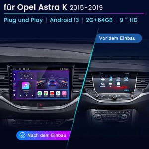 Junsun Autoradio 9 Zoll Android Touchscreen im Opel Astra K (2015-2019) Dashboard, vor und nach Einbau.