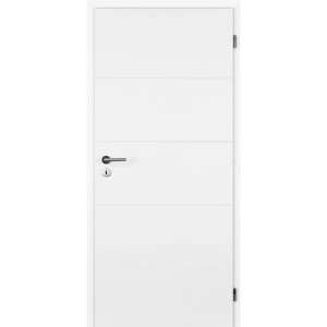 Weiße Zimmertür Fridoor Quadro mit vier horizontalen Fräsungen und rechtem Anschlag.