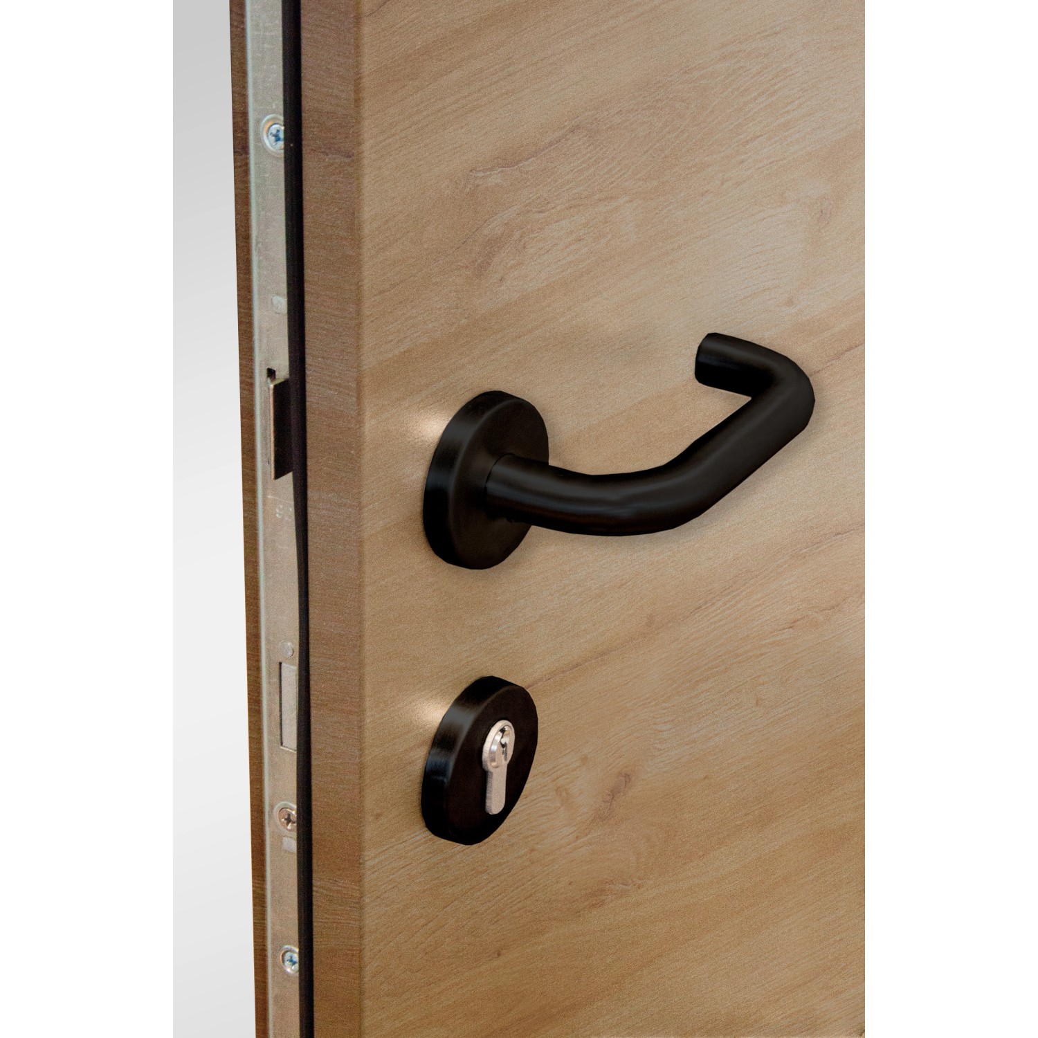 Detailansicht: Splendoor Haustür ThermoSpace Milano Prime Woodeffect mit schwarzem Griff und Schloss.