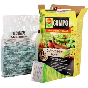 Compo Schneckenkorn 550g: Packung und Beutel mit blauem Granulat zur Schneckenbekämpfung.