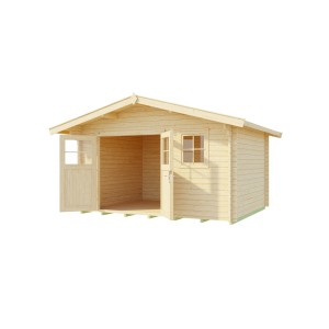 Unbehandeltes Weka Holz-Gartenhaus Verona mit Satteldach und geöffneten Türen.