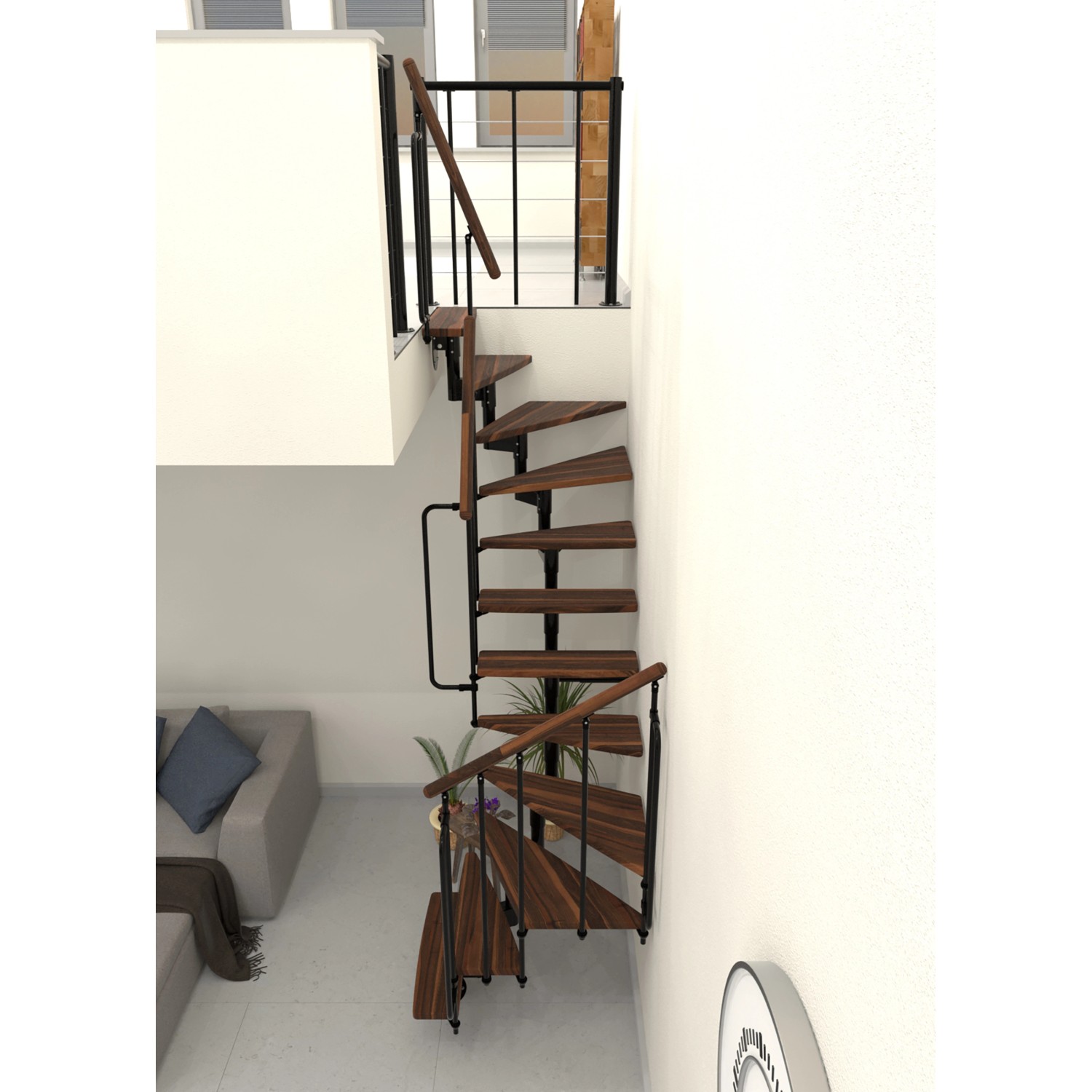 Minka Raumspartreppe Joker Turn 180° Walnuss/Schwarz, halbgewendelte Innentreppe mit Holzstufen und Metallgeländer.