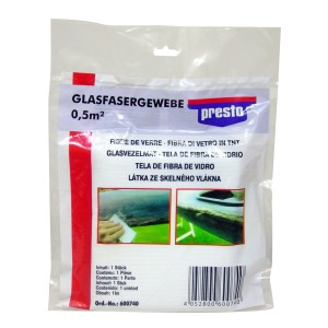 Presto Glasfasergewebe 0,5 m² im transparenten Beutel, geeignet für Lack- und Karosseriereparaturen.