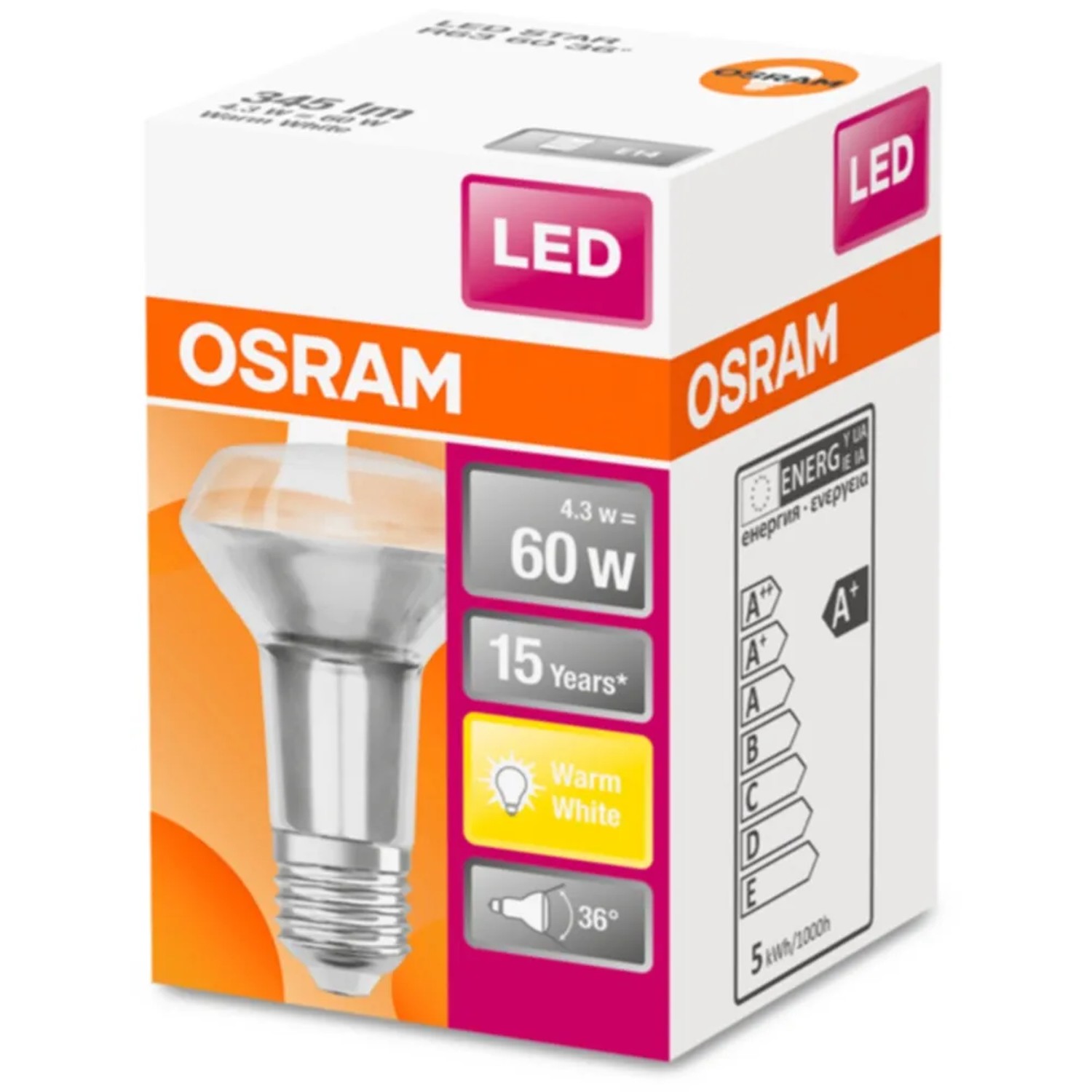 Osram LED Reflektorlampe E27, 4,3W, warmweiß, in Produktverpackung.