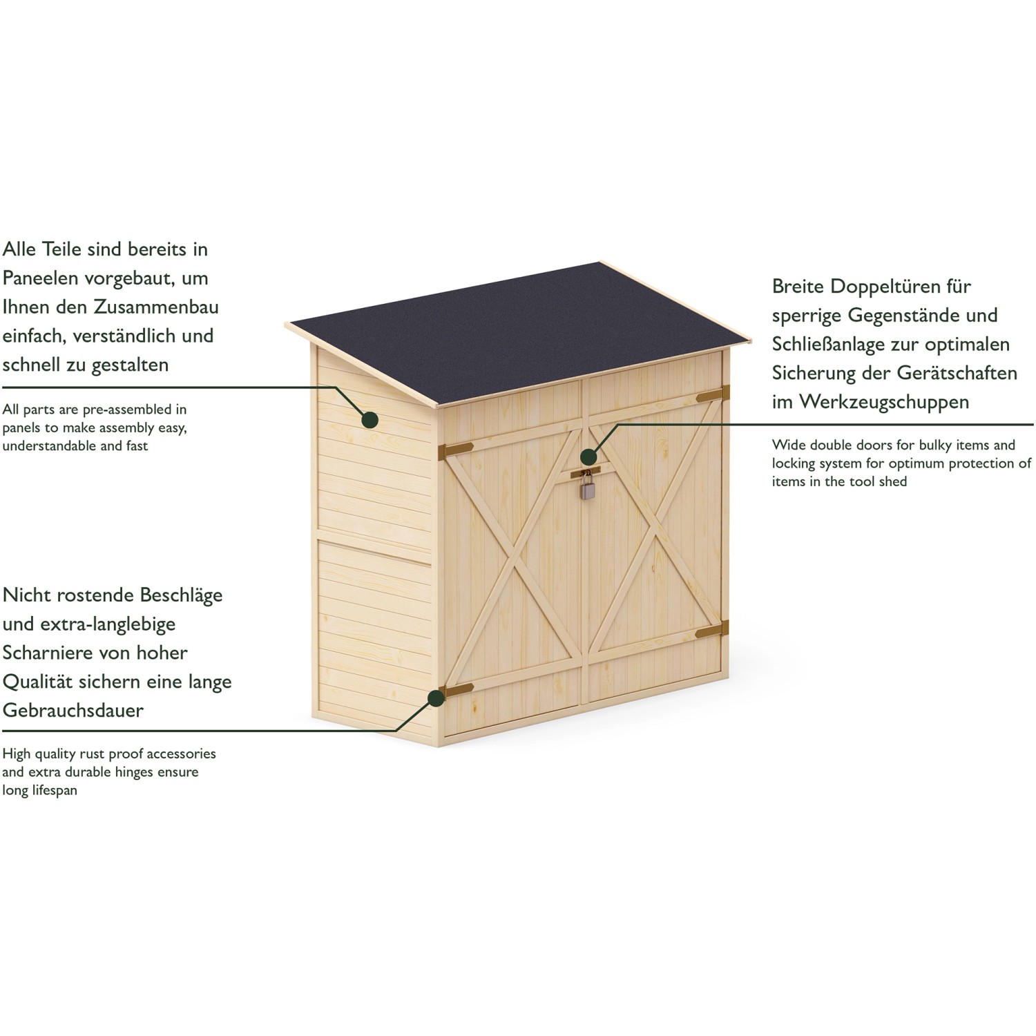 Upyard Garten-Geräteschuppen (150x70cm) aus Holz mit Doppeltür und schwarzem Dach.