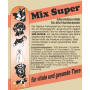Supravit Mix Super Trockenfutter für Hunde. Label mit Hunderassen-Illustrationen, ausgewogene Mischung.