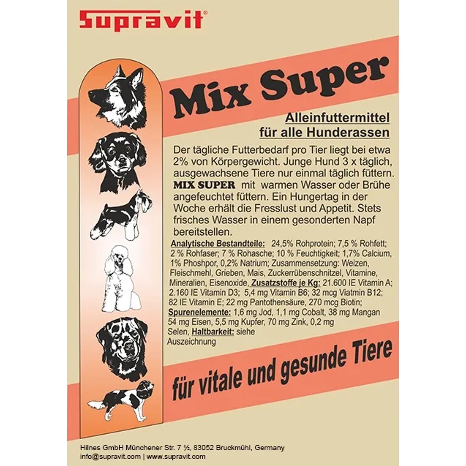 Supravit Mix Super Trockenfutter für Hunde. Label mit Hunderassen-Illustrationen, ausgewogene Mischung.