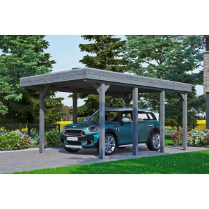 Schiefergrauer Carport Friesland mit EPDM-Dach und Auto. Einzelcarport aus Holz mit Flachdach.