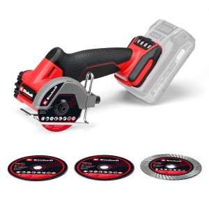 Einhell Akku-Trennschleifer TP-CO 18/76-C (rot-schwarz) mit Trennscheiben für Metall und Fliesen.