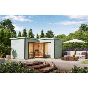 Lasita Maja Gartenhaus Domeo 6 in Gletschergrün, 500x500 cm, mit großen Glasfronten und Terrasse.