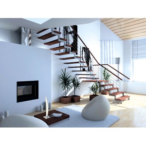 Näe LED-Tischleuchte Surf, 43 cm, in modernem Wohnzimmer mit Treppe und Kamin.