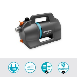 Gardena Gartenpumpe 4200 Silent Set: Graue Gartenpumpe mit Tragegriff und blauem Akzentband.