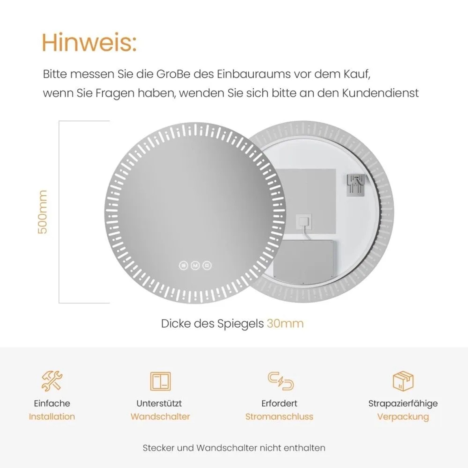Diagramm: Emke runder LED Badspiegel, 50 cm Ø, 30 mm dick. Zeigt Touch-Steuerung, Rückseite, Installationshinweise.