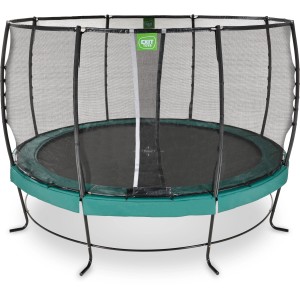 Grünes EXIT Lotus Premium Trampolin Ø 366 cm mit Sicherheitsnetz für den Garten.
