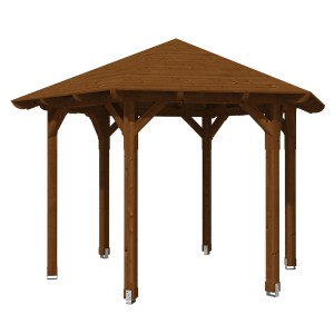 Skan Holz Pavillon Colmar 2 aus Douglasie, Ø 420 cm, Nussbaumfarben. Holzpavillon mit Dach.