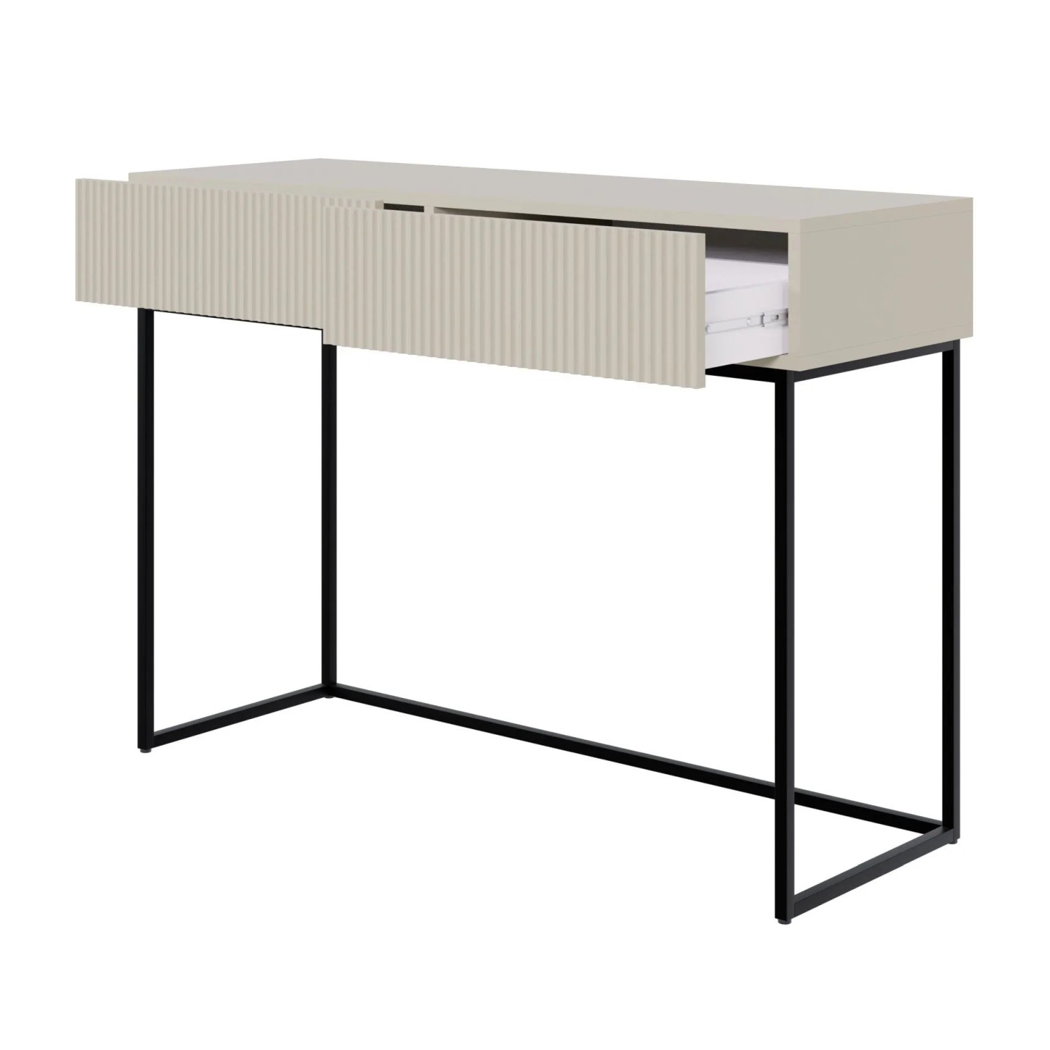 Selsey Veldio Schminktisch Greige, 110 cm, mit geriffelter Front. Eine Schublade offen, schwarze Beine.