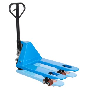 Blauer Güde Gabelhubwagen GHW 2500-80 PU mit Polyurethanrädern für den Transport von Lasten.