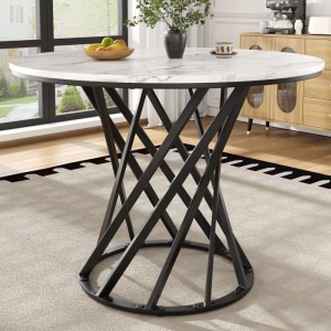 Runder Esstisch mit weißer Marmoroptik-Platte und schwarzem Metallgestell im Spiraldesign. Für Esszimmer & Küche.