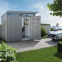 Biohort Metall-Gerätehaus AvantGarde A8, silber-metallic mit geöffneter Doppeltür und Zubehör.