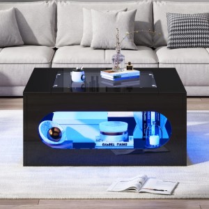 okwish Couchtisch mit Glasplatte LED Ausgehöhlt MDF 70x70x35cm Schwarz