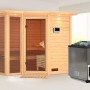 Karibu Sauna Amalia mit Bio-Ofen und LED-Dachkranz aus naturbelassener Fichte.
