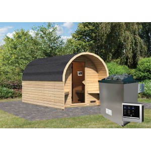 Karibu Fasshaus 3 mit Ofen und externer Steuerung Easy, ein Saunahaus für den Garten.