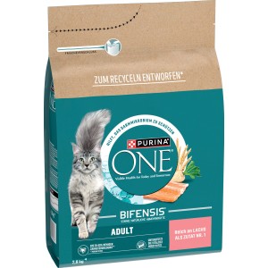 Purina One Katzenfutter Adult Lachs, 2,8kg Beutel. Trockenfutter für ausgewachsene Katzen mit Lachs.