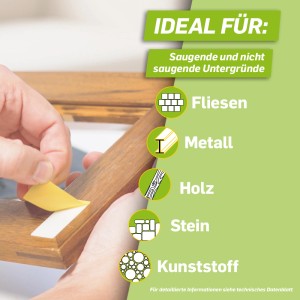 Anwendung von Pattex Klebestrips auf Holzrahmen. Kleben statt Bohren für Fliesen, Metall, Holz, Stein und Kunststoff.