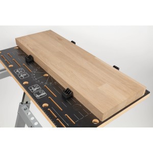 Wolfcraft Spannbacken-Set (4 Stück) zum Flachspannen auf einer Werkbank. Holzstück wird fixiert.