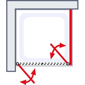 Skizze einer Schulte Sunny Eckdusche 80x80 mit Pendeltür und Seitenwand, die die Öffnungsrichtung zeigt.