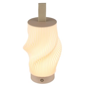 Dimmbare Brilo Akku-Tischleuchte Tubi in Beige mit Touchfunktion und geriffelter Optik.