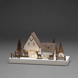 Konstsmide LED Holzsilhouette Waldhäuser mit Rentieren, warmweißes Licht für Innen.