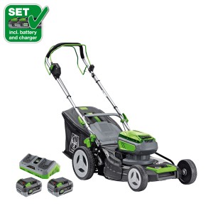 LUX Akku-Rasenmäher Set mit 2 Akkus, Ladegerät und Radantrieb für Flächen bis 800 m².