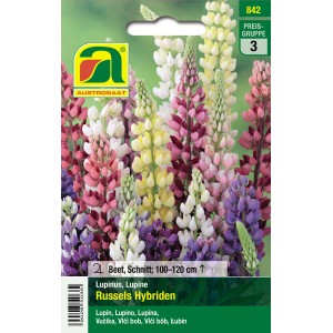 Saatgutpackung Austrosaat Lupinen 'Russels Hybriden' mit mehrfarbigen Blütenständen.