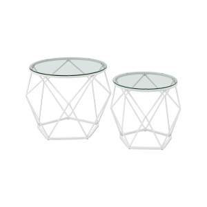 Vasagle Couchtisch 2er Set, rund, weißes Gestell, transparente Glasplatten.