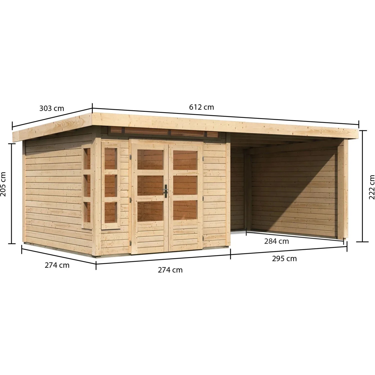 Karibu Holz-Gartenhaus Kastberg, naturbelassen mit Flachdach und Anbau, 270x270 cm.