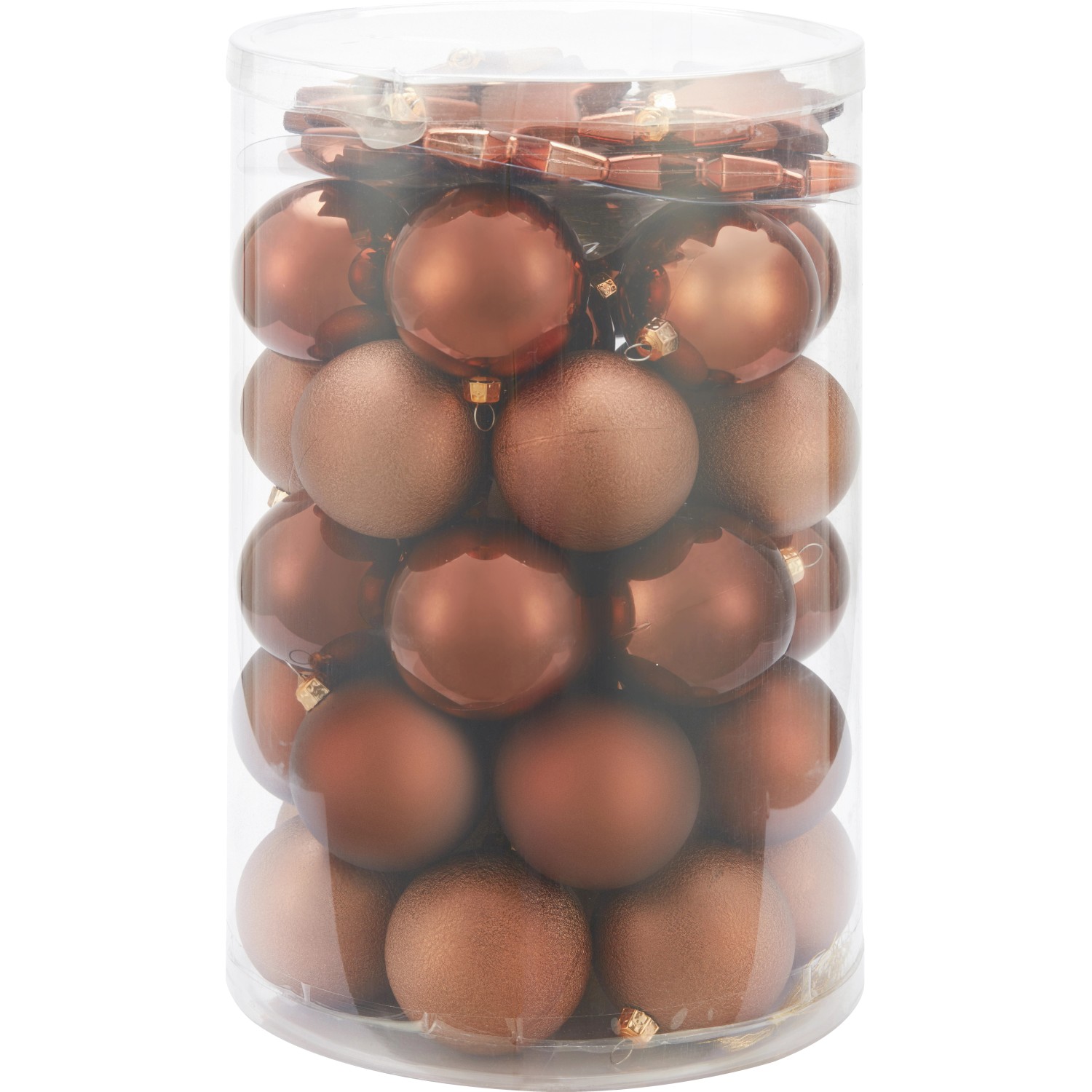 50-teiliges Weihnachtskugel-Set (Ø 6cm) in Cognac mit Kugeln und Sternen im transparenten Behälter.