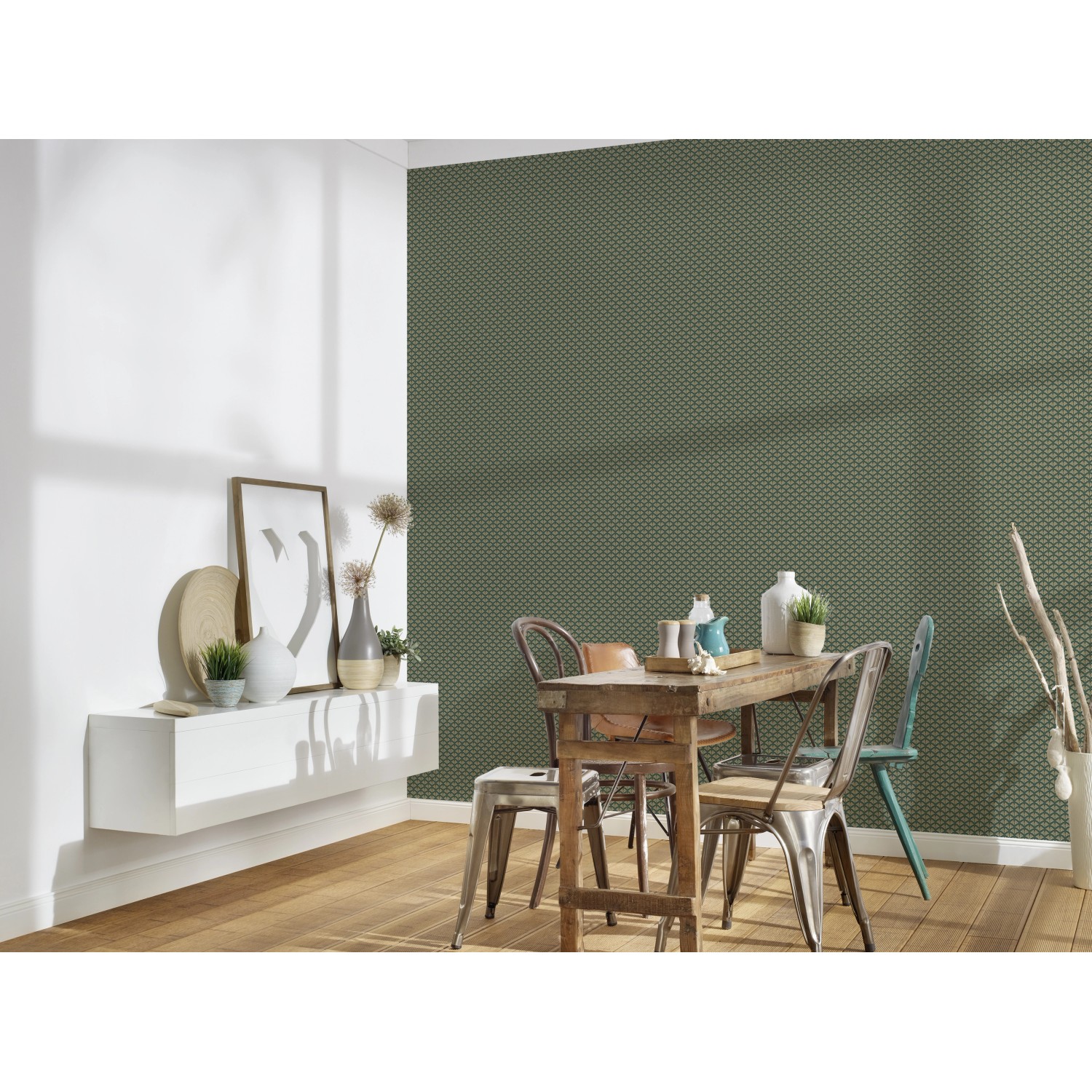 Wohnraum mit grüner Glitzertapete im Art Deco Stil der Trendwall 2 Kollektion.